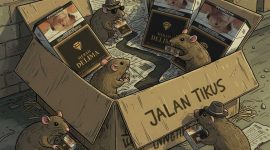 Ilustrasi AI rokok bodong merek Merah Delima dengan tikus.