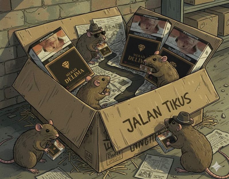 Ilustrasi AI rokok bodong merek Merah Delima dengan tikus.